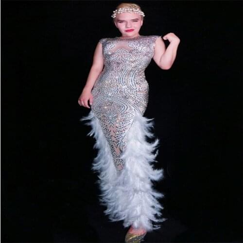 Y43 Party female Vintage evening dress sleeveless feather rhinestone elastic skirt sexy diamonds outfits stage costumes dance DJ