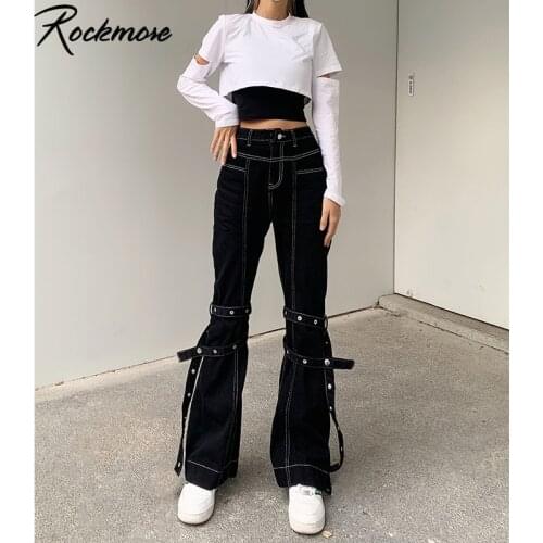 Rockmore Y2K Rivet Bandage Flare Jeans Woman High Waist Wide Leg Denim Boyfriend Streetwear Clothing Fashion Harajuku Cargo Pant