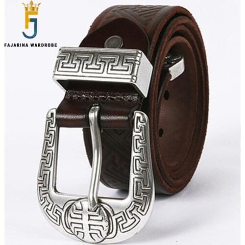 FAJARINA Unisex Retro Styles Cow Skin Leather Belt Alloy Striped Pattern Buckle Belts Quality Cowhide 3.8cm Width N17FJ550