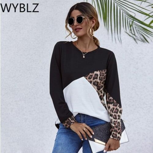 WYBLZ 2021 Spring and Autumn New Women Long Sleeve Top Leopard Print Black and White Stitching Slim Round Neck Thin Pullover