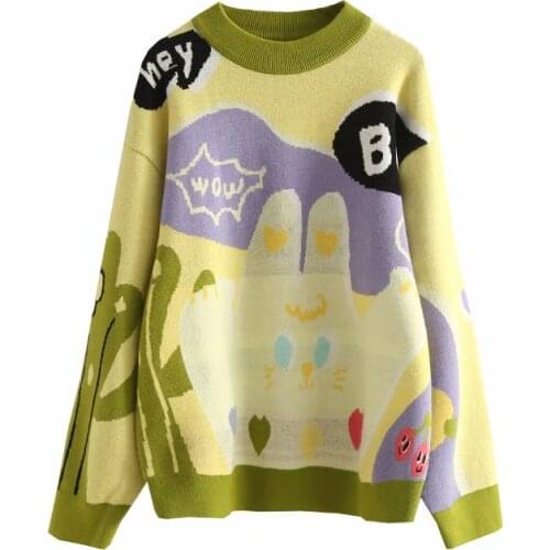 Women Sweaters Multicolor Cartoon Embroidery Knit Pullover 2020 Winter Thick Long Sleeve Korean Ladies Knitted Jumpers Sweater