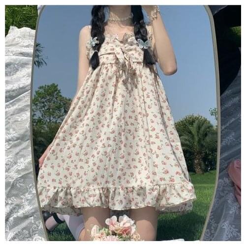 Womens Summer Dress Sweet Bow Floral Print Spaghetti Strap A-LINE Mini Dress Ruffle Strapless Kawaii Dresses for Women 2021