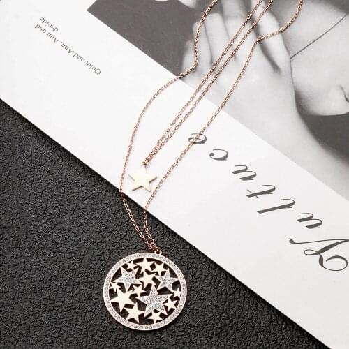 Pendant Necklaces with Double Layer Stars For Women Stainless Steel Rose Gold Clear Crystal Necklace Womens Fashion Jewelry new