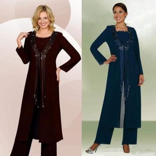 Simple women 3 pieces elegant Beading Tassel chiffon mother of the bride dress pants suit with jacket outfit for wedding groom