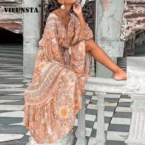 Vintage Pattern Printed Boho Maxi Dress Women Sexy V Neck Tassel Ruffle Long Dress Spring Autumn Long Sleeve Loose Lady Dresses