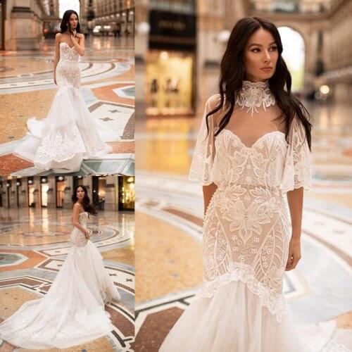 2020 Bohemian Wedding Dresses with Jacket Sweetheart Lace Appliques Bridal Gowns Sexy Backless Sweep Train Mermaid Wedding Dress