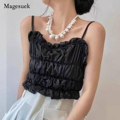 2021 Summer Solid Folds Tops Women Fashion Sleeveless Sling Blouse Elegant Sexy Style Female Army Green Slim Blouse Blusa 15758