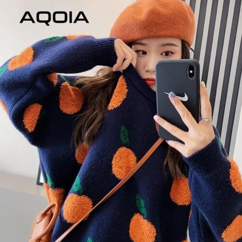 Winter Casual Kawaii Orange Embroidery Womens Sweaters O Neck Long Sleeve Thick Knit Sweater Women 2020 Y2K Female Pullovers