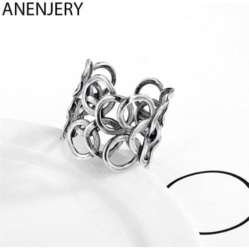 ANENJERY 925 Sterling Silver Vintage Mutil-layer Circle Geometric Thai Silver Rings Opening Rings For Women Men Jewelry S-R527