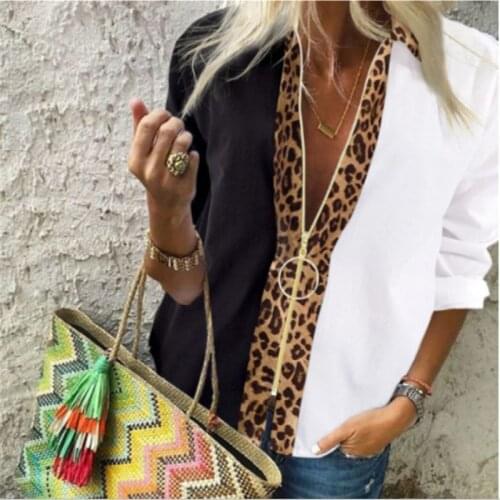 Puloru New Zip Up Blouse Women Leopard White Patchwork Shirts New Autumn Spring Fashion Long Sleeve V-Neck Casual Tops Blouse
