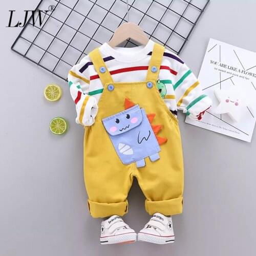 Color striped T-shirt + dinosaur pocket bib 2-piece set 1 to 5 years old Sports 2021 new Baby boys set