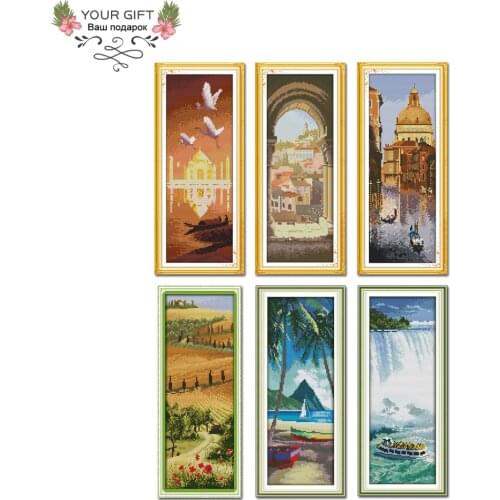 JS F363 F364 F365 F366 F367 F374 Niagara Falls Thailand Aegean Island Venice Spanish Arch Taj Majal Italian Manor Cross Stitch