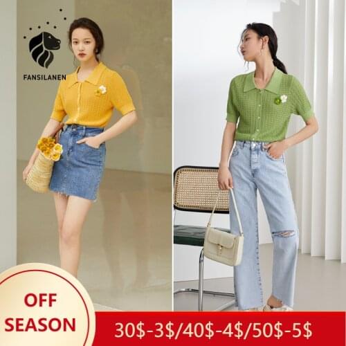 FANSILANEN Office Lady Hollow Knit Cardigan Thin Section Women Summer 2021 New Short Sleeve POLO Collar Yellow Green T-shirt