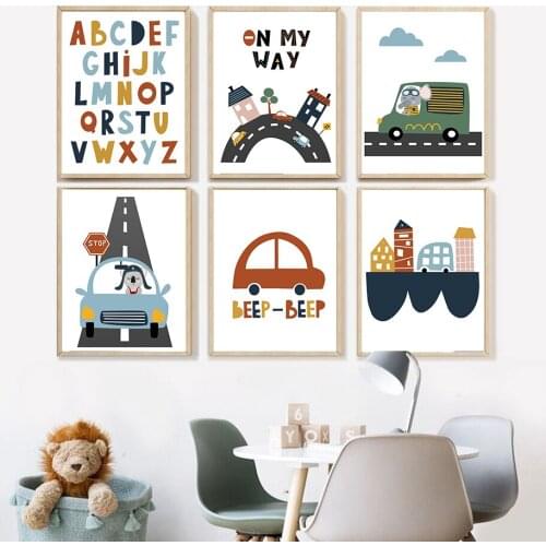 ABC Education Elephant Car Home Animal Wall Art Canvas Painting Nordic Posters And Prints Wall Pictures Kids Baby Room Decor