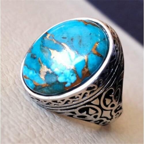 Natural Turquoise Ring Vintage Antique Thai Silver Ring Fashion Party Jewelry Punk Style