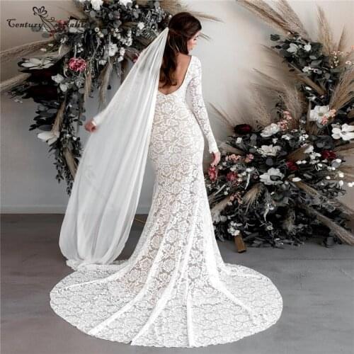 Lace Boho Wedding Dresses Mermaid Bridal Dress for Women O-Neck Backless Long Sleeve Bride Gowns Plus Size Vestidos De Novia