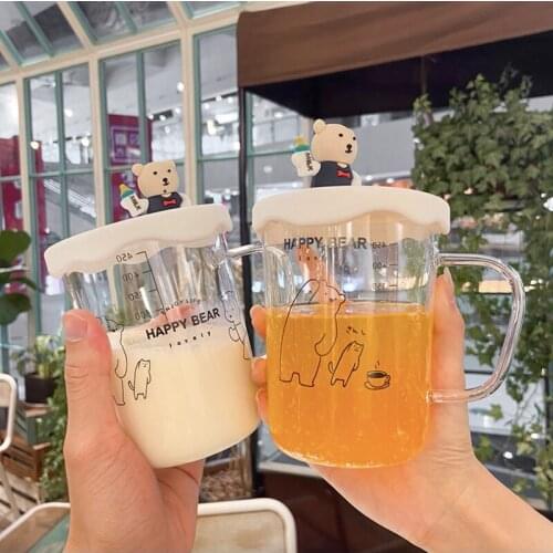 450ml Lovely Cartoon Mug Creative Glass Water Milk Tea Coffee Mug Best Cup With Lid House Working Gift For Children Girl