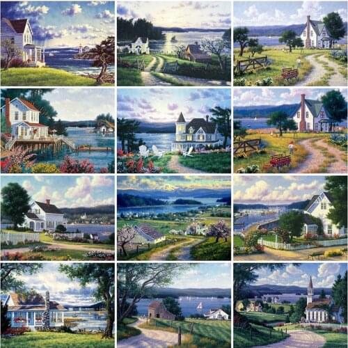 MomoArt New Arrival 5D DIY Diamond Painting House Mosaic Sale Diamond Embroidery Seaside Landscape Cross Stitch Tree Home Decor