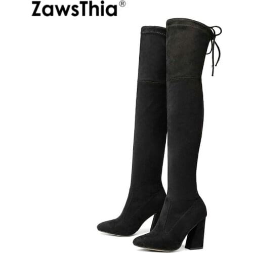 ZawsThia 2020 new luxury brand faux suede leather block high heels woman boots over the knee high botas women overknee boots