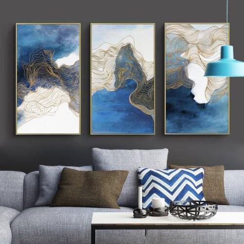 Nordic Mountain Canvas Painting Watercolor Landscape Posters and Prints Abstract Golden Lines Wall Pictures for Room Decoration