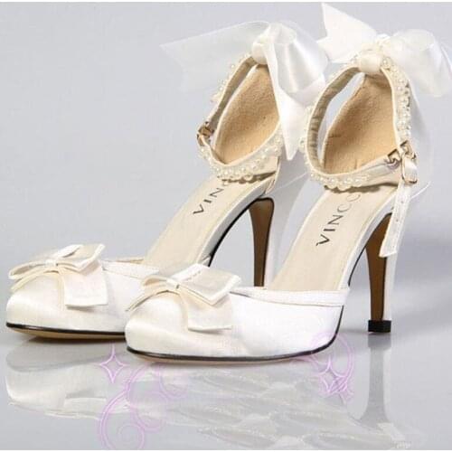 Sweetness princess Evening Party Shoes Satin Upper With Bowtie And Ankle Straps With Pearls Wedding Shoes Bridal Dress Shoes