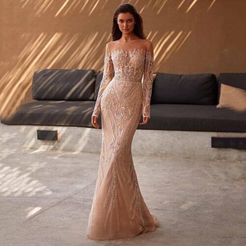 Champagne Mermaid Wedding Gown With Long Sleeve Applique Button Back Bohemian Bridal Dresses Woman Newest Robe Mariee