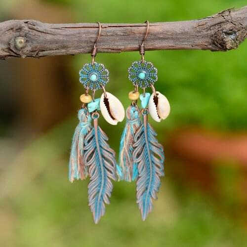 TopHanqi Bohemia Vintage Bronze Flower Dangle Earrings For Women Ethnic Leaf Shell Beads Blue Cloth Tassel Drop Earring Jewelry