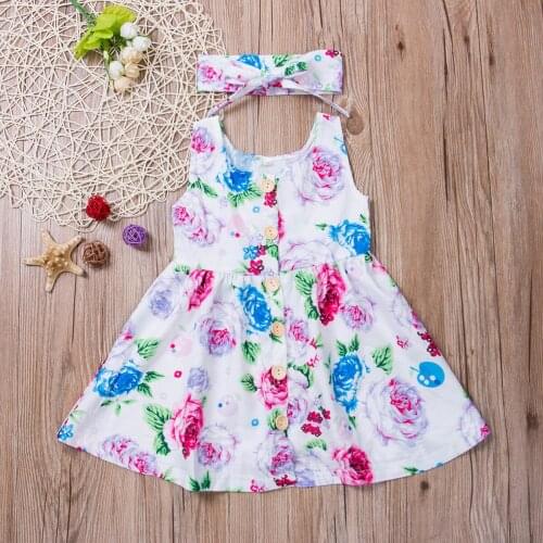 2020 Baby Summer Clothing Toddle Newborn Baby Dress Button Flower Headband 1st Birthday Dresses Print Outfits Clothes 1-3Y