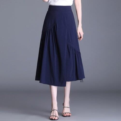 Women Elastic High Waist Drawstring Design Loose Casual Mid-long Black A-line Skirt Summer 2021 Woman Skirts 9175