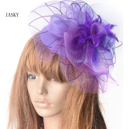 Purple Flower Feather Headwear Women Wedding Fascinator Hat Hair Clip Fashion Party Derby Proms Ladies Feather Headdress Hairpin
