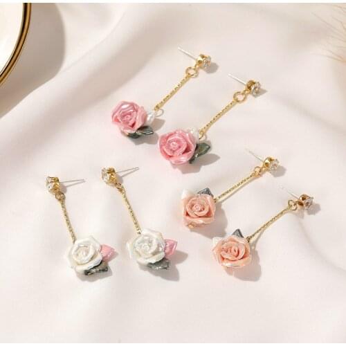 Earrings Korea Pink Roses Retro Palace Style Long Earrings for Women 2020 Trend New Gentle White Flower Wedding Ear Jewelry
