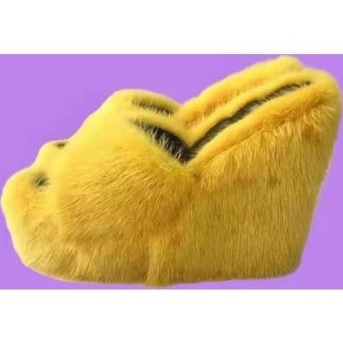 Fall Winter New Women Feminine High-heeled Fur Drag Outdoor All-match Shoes Slippers Round Head Wedges with Mink Fur Slippers