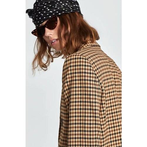 Women Button Down Blazer Long Sleeve Notch Lapel Plaid Print Loose Office Jacket