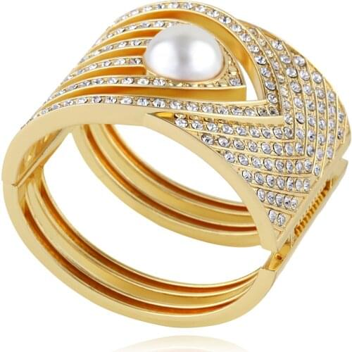 HAHA&TOTO Gold Plated Statement Bracelet Cuff Bangle for Women Gold Plated Inlaid CZ Diamonds Pearls Bracelet Chunky Bangle Gift