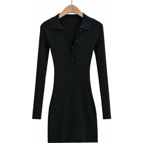 Aonibeier 2021 Za Woman Slinky Knitted Dress Traf Autumn Winter Sweaters Button Front POLO Collar Casual Bodycon Mini Dress