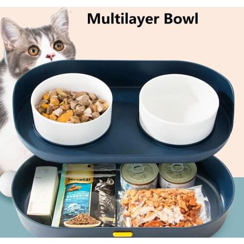 Cat Bowl 2 In 1 Cat Multilayer Bowl Pet Water Food Feeding Double Bowls with Storage for Dring Feeding Neck Protection Feeder