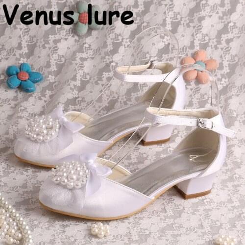 22 Colors Satin White Comfortable Wedding Shoes Pearl with Chunky Heel