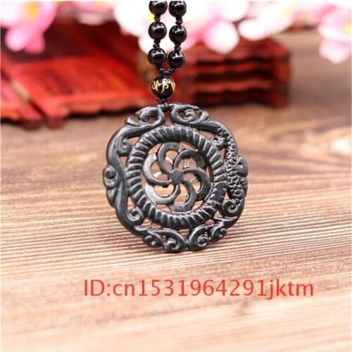 Accessories Amulet Men Dragon Obsidian Gifts Necklace Green Pendant for Jade Natural Jewelry Double-sided Black Carved Flower