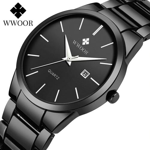 Men Watch 2021 Fashion Full Black Watch For Men WWOOR Top Brand Luxury Mens Quartz Watches Men Steel Belt Waterproof Wristwatch