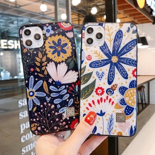 Cartoon FLower Phone Cases for iPhone 12 Mini Pro 11 XR X 8 7 6 Plus Gold Foil Chic Glitter Cover Gilrs for 11 Pro Max Cases