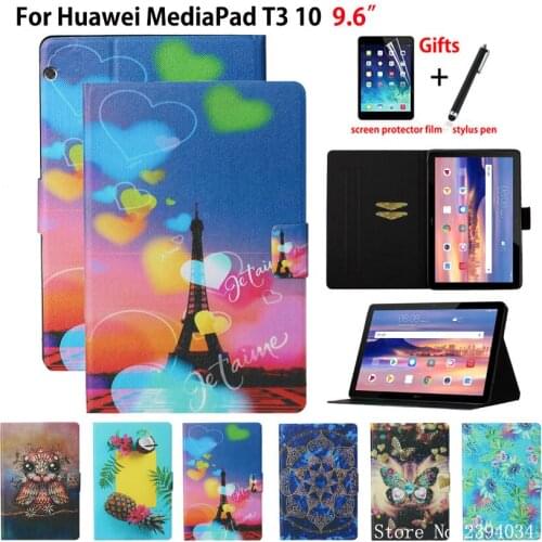 For Huawei MediaPad T3 10 Case Cover AGS-W09 AGS-L09 AGS-L03 9.6" Funda Fashion Painted TPU PU Leather Stand Shell Capa +Gift
