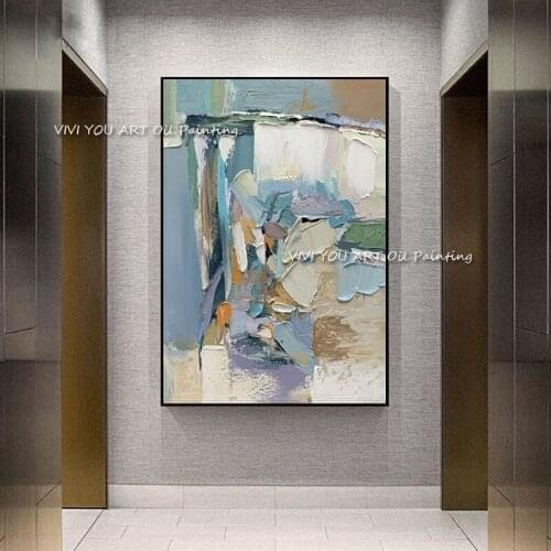 Modern Abstract Blue Thick Knife Canvas Painting 100% Handmade Wall Art Pictures for Living Room Office Home Decor No Frame Gift
