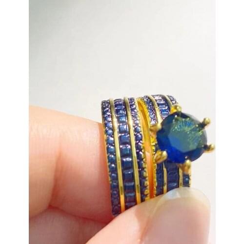2Pcs/Set Luxury Royal Blue Stone Crystal Finger Rings For Women Gold Color Wedding Engagement Bands Jewelry Gifts Wholesale