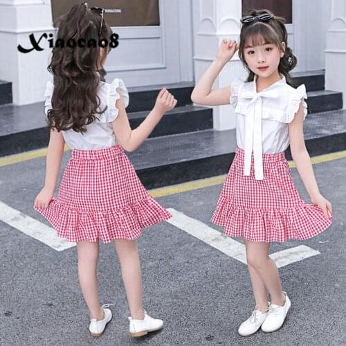 2PCS Toddler Girl Clothes Big Girls Clothing Sets Sleeveless Shirts+Skirt 4 6 8 10 12 14 Years Girls Summer Clothes Children
