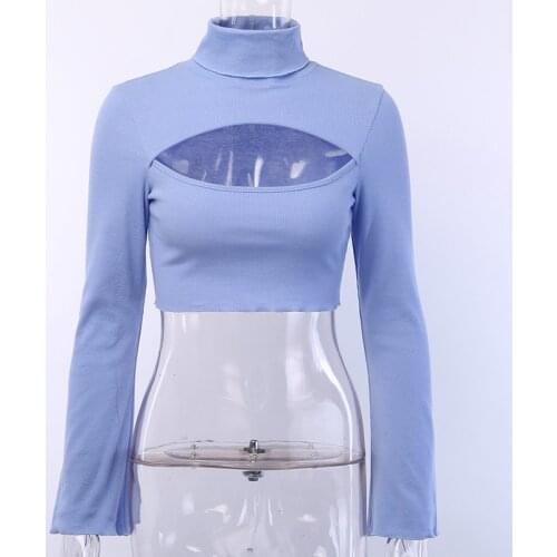 Fashion Autumn New Elastic Slim Women Knitted Tee Shirt Blue Hole Cropped Shirt Flare Sleeve Hight Neck Cut Out Sexy