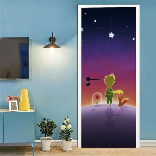 Cartoon Stickers For Door Renovation Starry Sky Boy Fox Decorative Door Sticker Self Adhesive 3D Wallpaper On Door Waterproof
