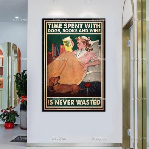 Time Spend With Dog Book And Wine Poster -Reading A Book Vintage Poster - Art Print- Wall Hanging Decor Home Decor Canvas Gift
