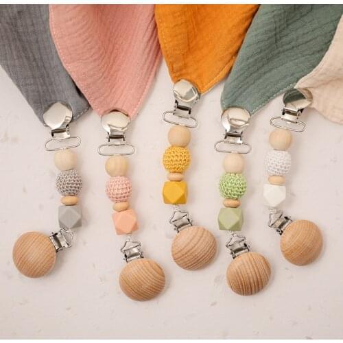 Baby Handmade Crochet Pacifier Chain Double-head Pacifier Clip Silicone Chewbeads Wooden Holder Infant Teether Toys Birth Gifts