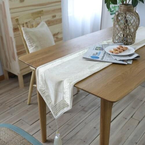 ESSIE HOME Luxury Classic Champagne Ivory Beige Off White Soft Chenille Velvet Table Runner Table Cloth Embroidery Placenmat
