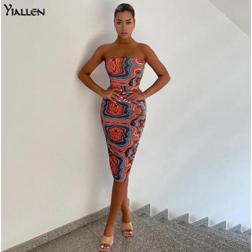 Yiallen Colorful Print Sexy Strapless Dress Women Sleeveless Skinny Stretchy Stack Trend Vacation Beach Dress Slim Outfit Hot